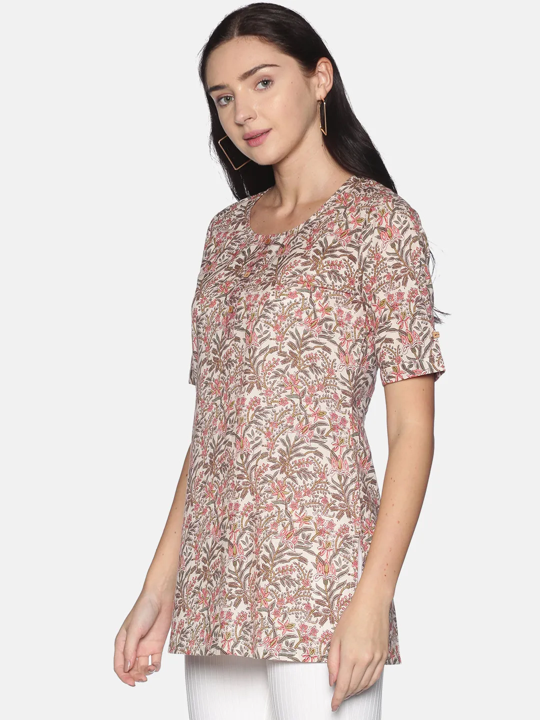 Cream Jaipur Printed Tunic With Couching In Placket And Short Roll Up Sleeves