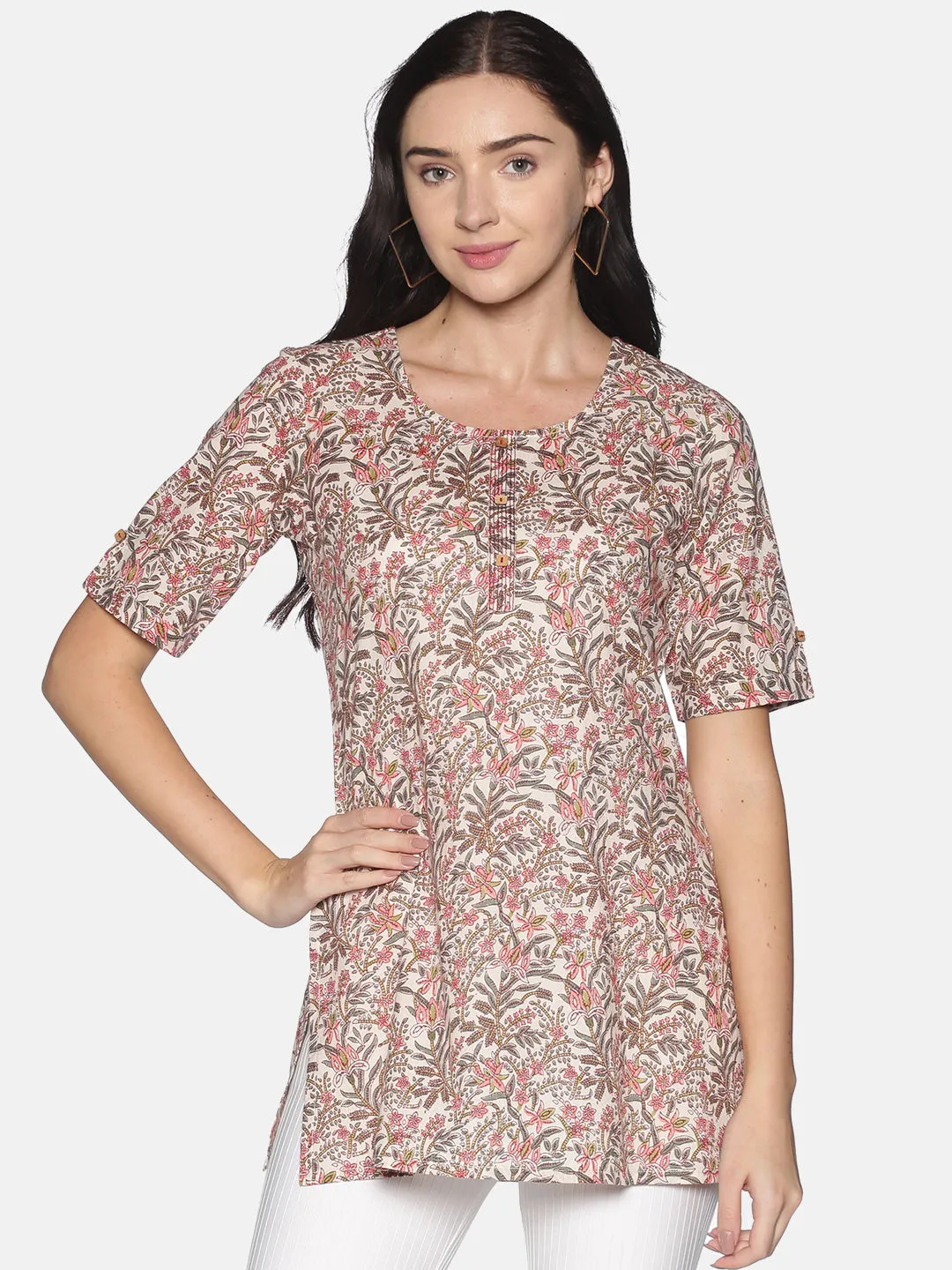 Cream Jaipur Printed Tunic With Couching In Placket And Short Roll Up Sleeves