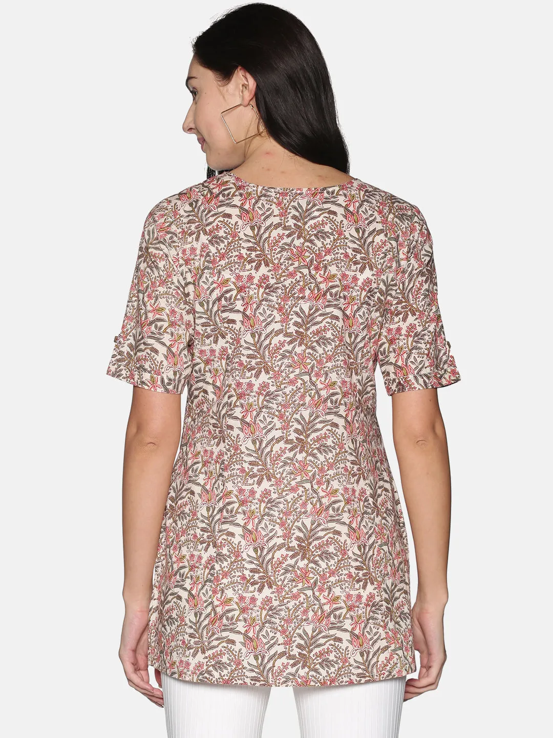 Cream Jaipur Printed Tunic With Couching In Placket And Short Roll Up Sleeves