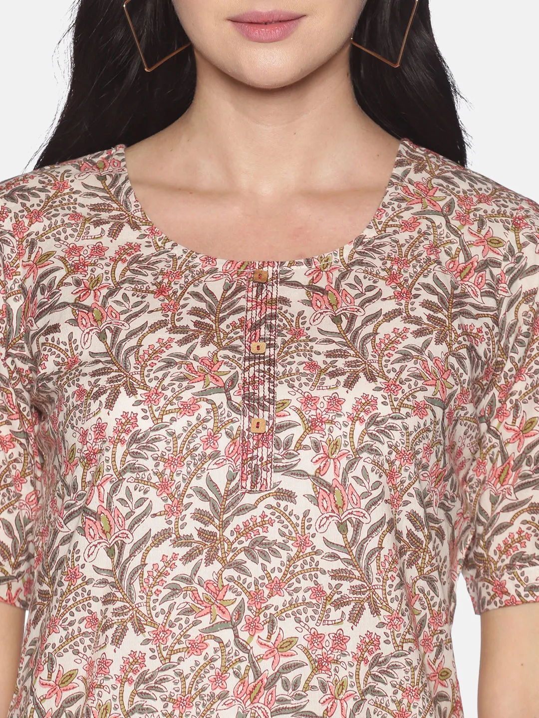 Cream Jaipur Printed Tunic With Couching In Placket And Short Roll Up Sleeves