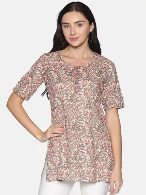 Cream Jaipur Printed Tunic With Couching In Placket And Short Roll Up Sleeves