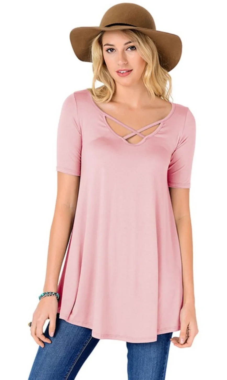 Criss Cross Tunic Top - Pink