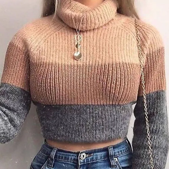 Cryptographic Females Striped Women's Sweaters Fashion Sleeve Sweaters Multi-purpose Jumpers Fall Best-priced Pullovers  Turtlenecks Knitted Long Cropped