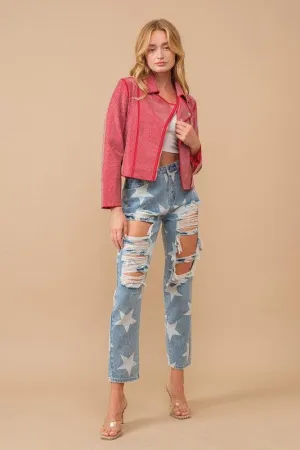 Crystal Studded Stretch Zip Up Moto Jacket