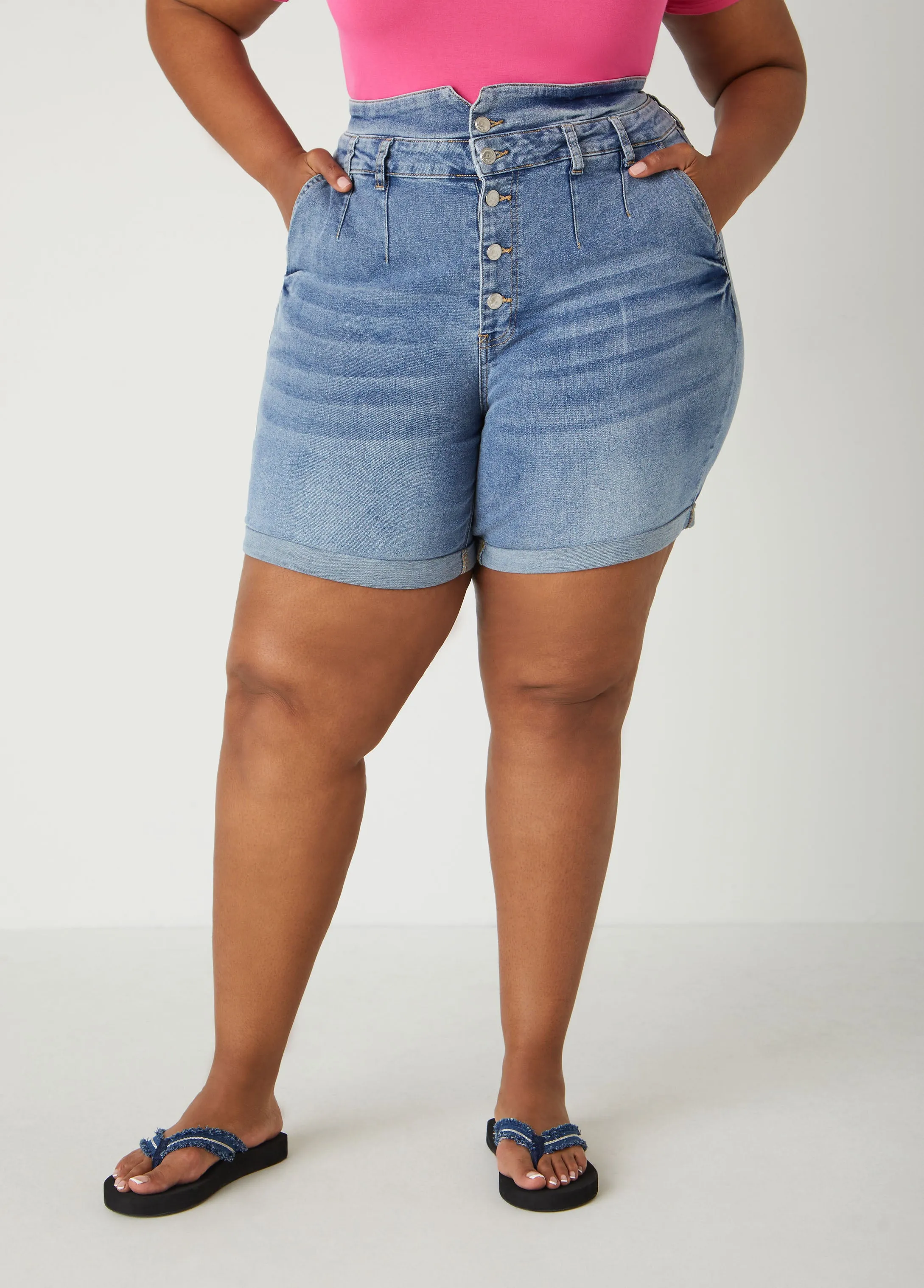 Cuffed High Waist Denim Shorts