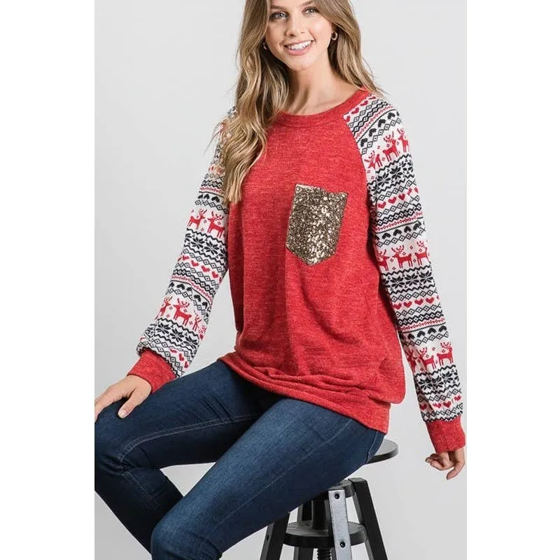 Cute Christmas Home and Deer Shirt with Gold Glitter Pocket