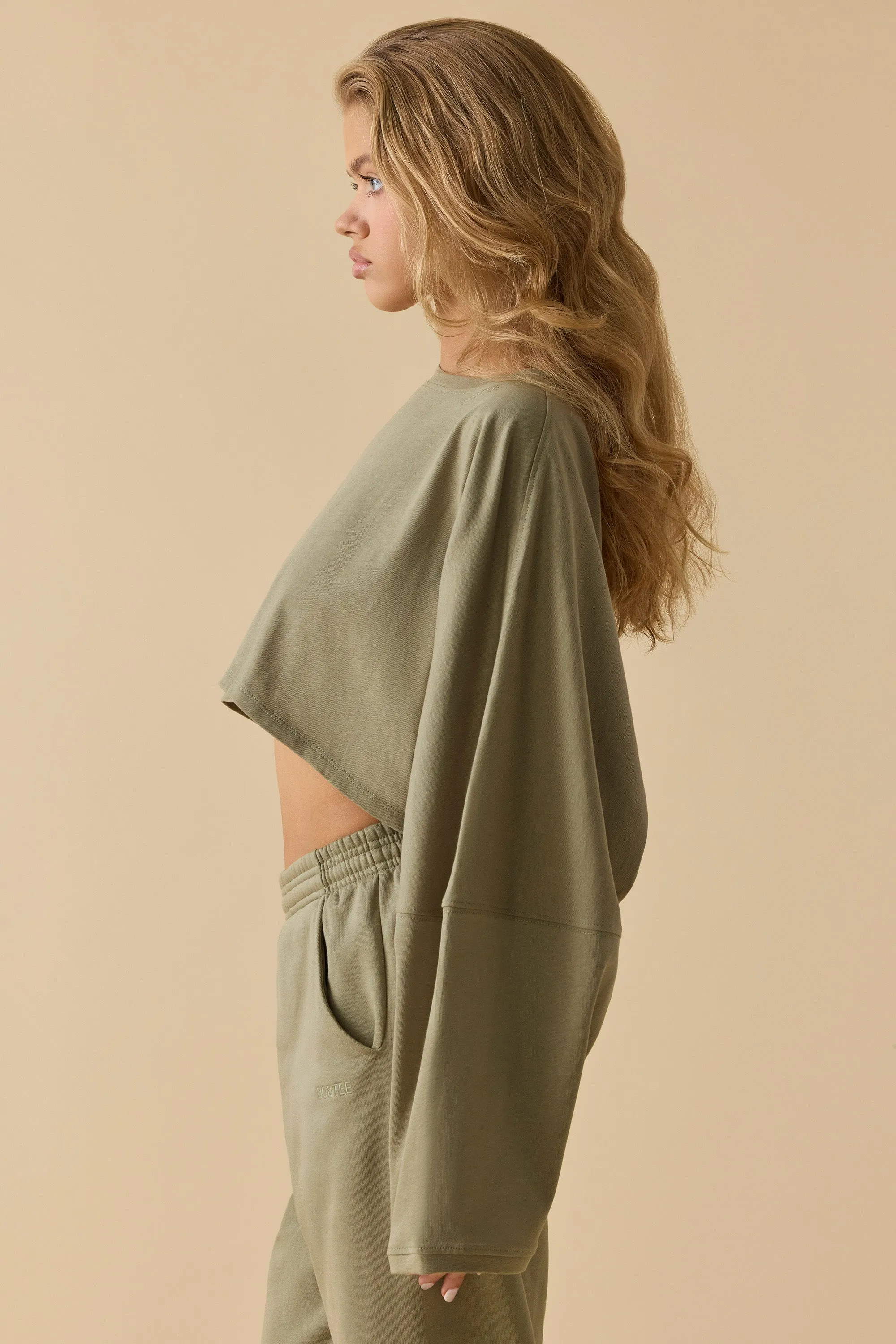 Day Off - Oversized Long Sleeve Crop Top in Soft Olive