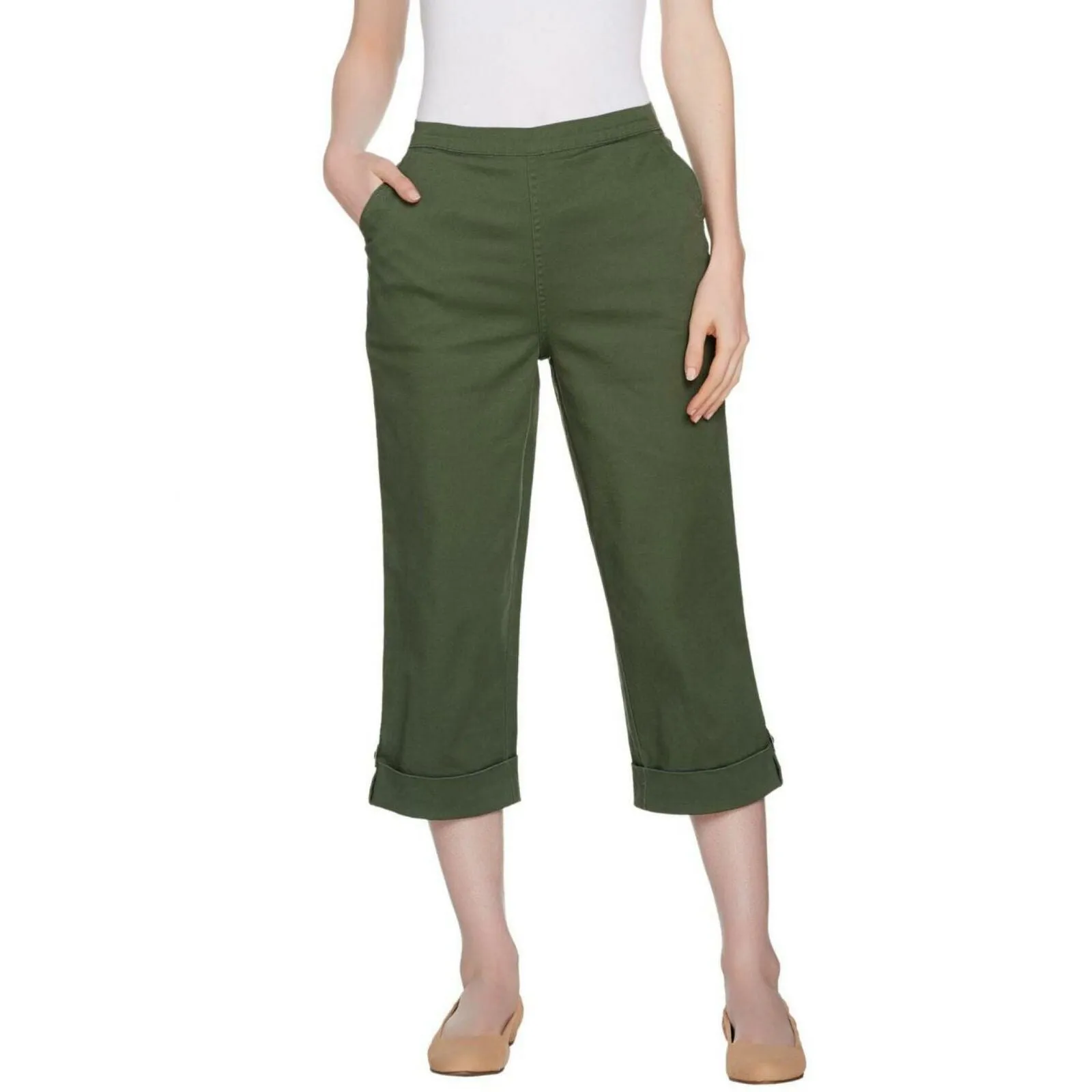 Denim & Co. How Timeless Stretch Twill Cuffed Jean Capris Dark Olive Medium