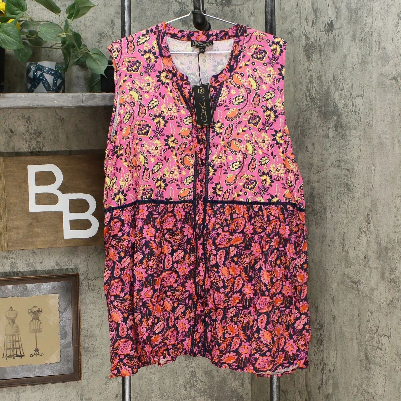 DG2 by Diane Gilman Women's Plus Size Mixed Print Button Down Tunic Top