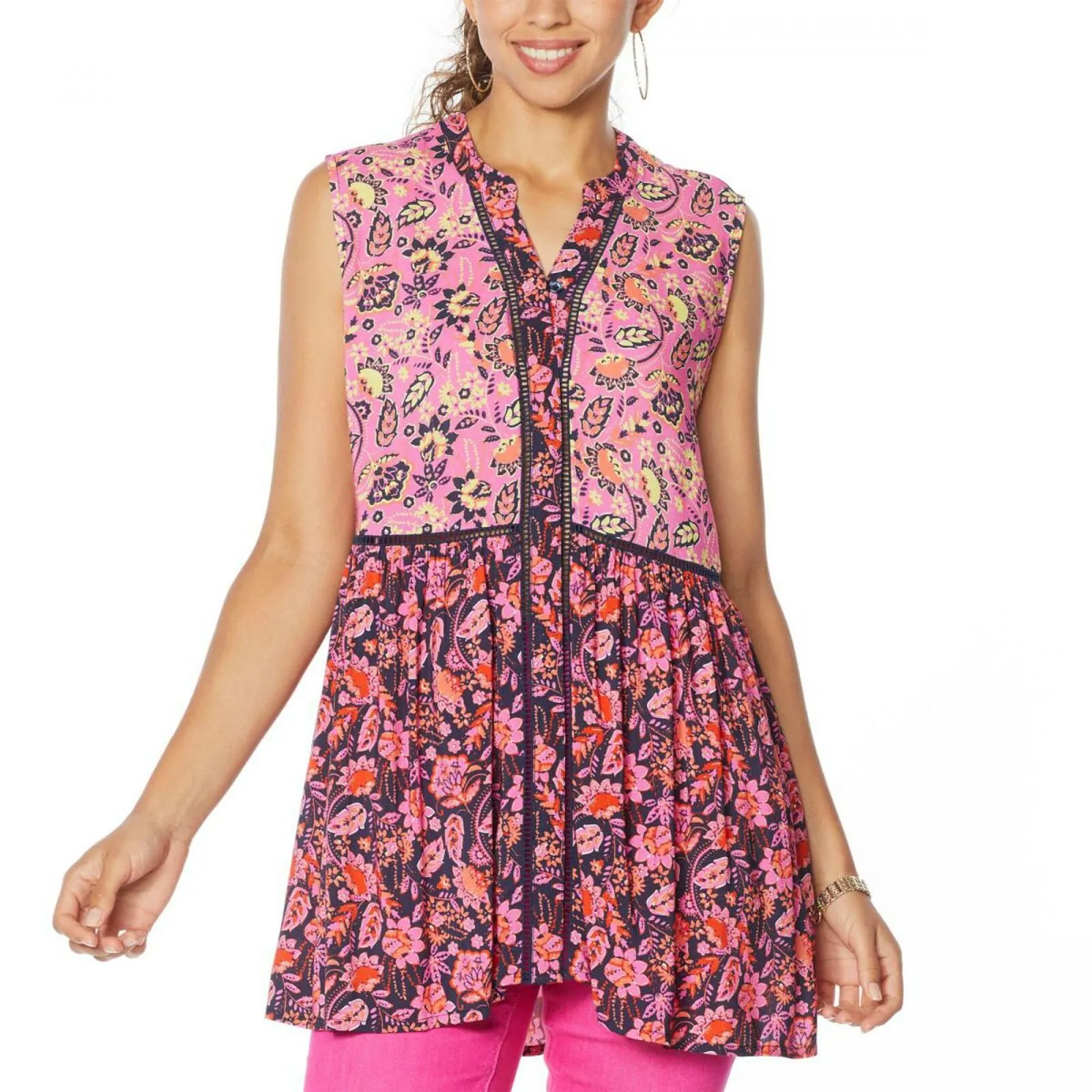 DG2 by Diane Gilman Women's Plus Size Mixed Print Button Down Tunic Top