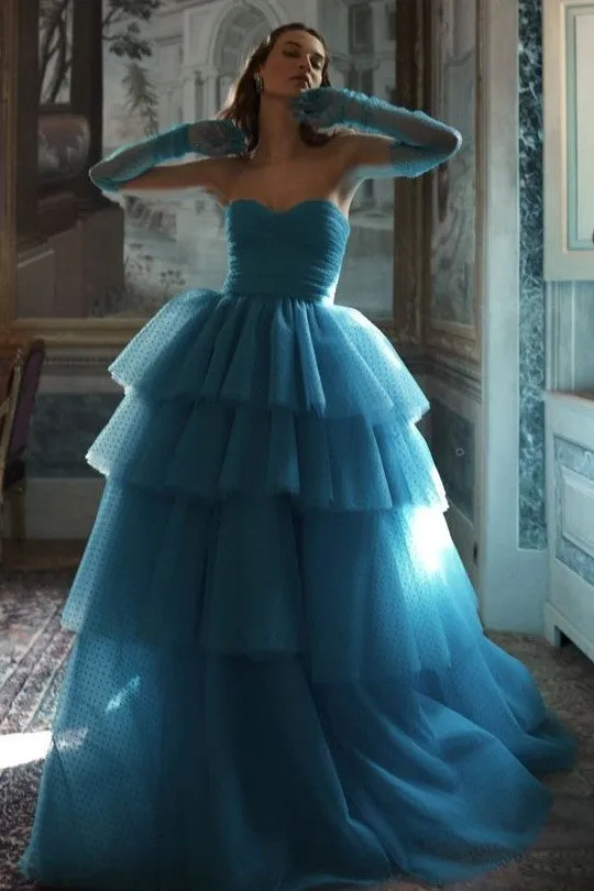 Dots Tulle Tiered Strapless Prom Dress with Ruching Corset
