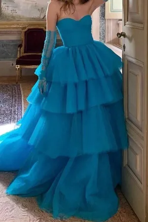 Dots Tulle Tiered Strapless Prom Dress with Ruching Corset