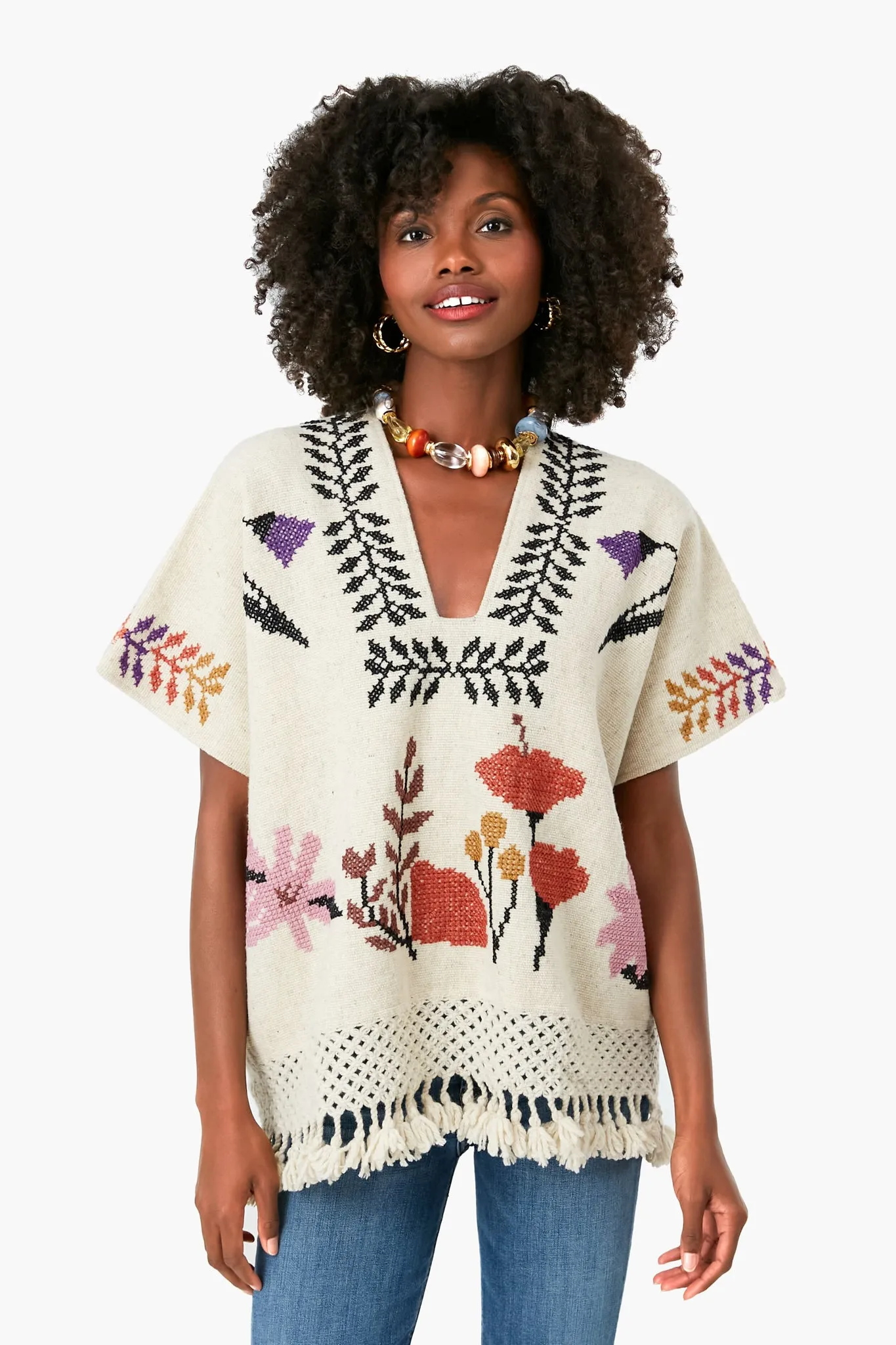Dusty Floral Cream Ira Poncho