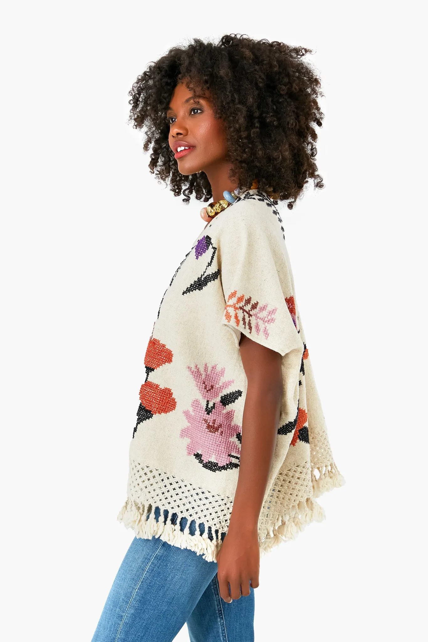 Dusty Floral Cream Ira Poncho
