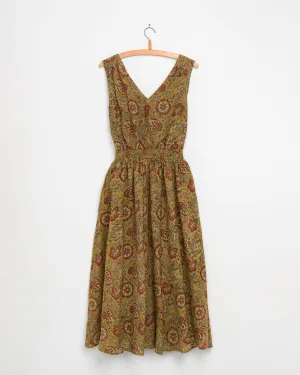 Eesha V Dress in Kalamkari Floral Yellow Sage