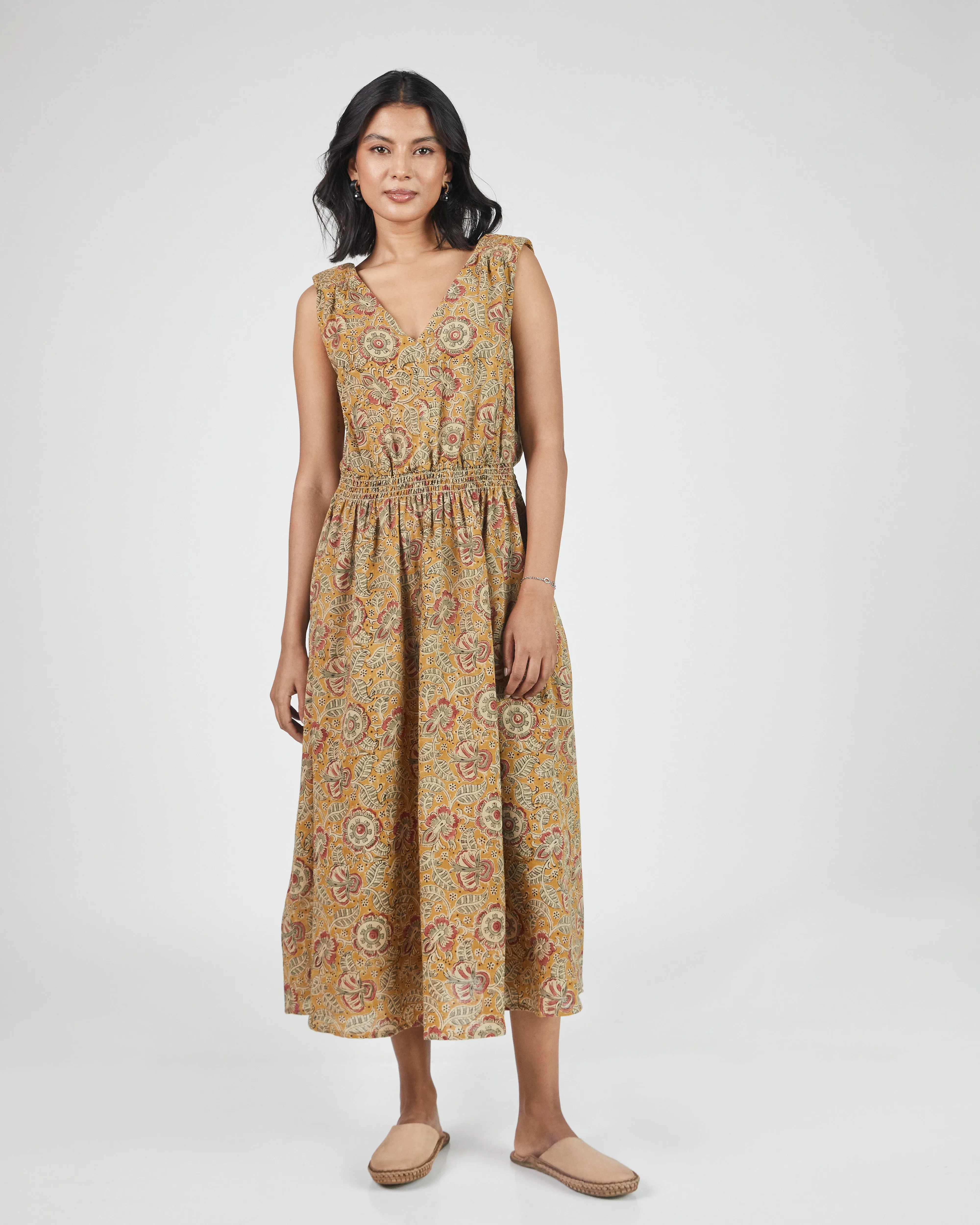Eesha V Dress in Kalamkari Floral Yellow Sage