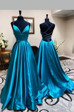 Elastic Satin A-line Blue Low Back Dress Prom Gowns 2020