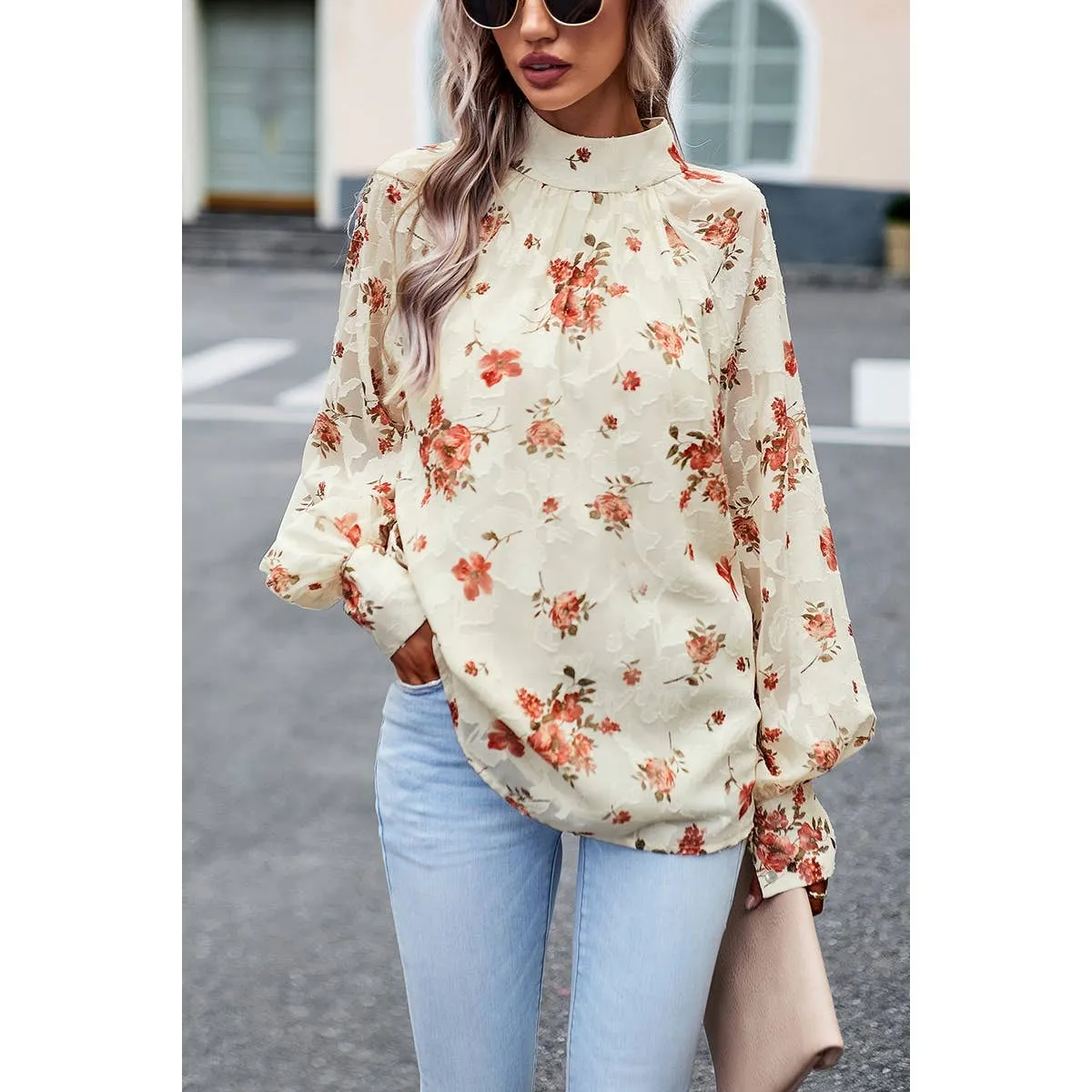 Elegant Floral Bandage Half A Turtleneck Tops