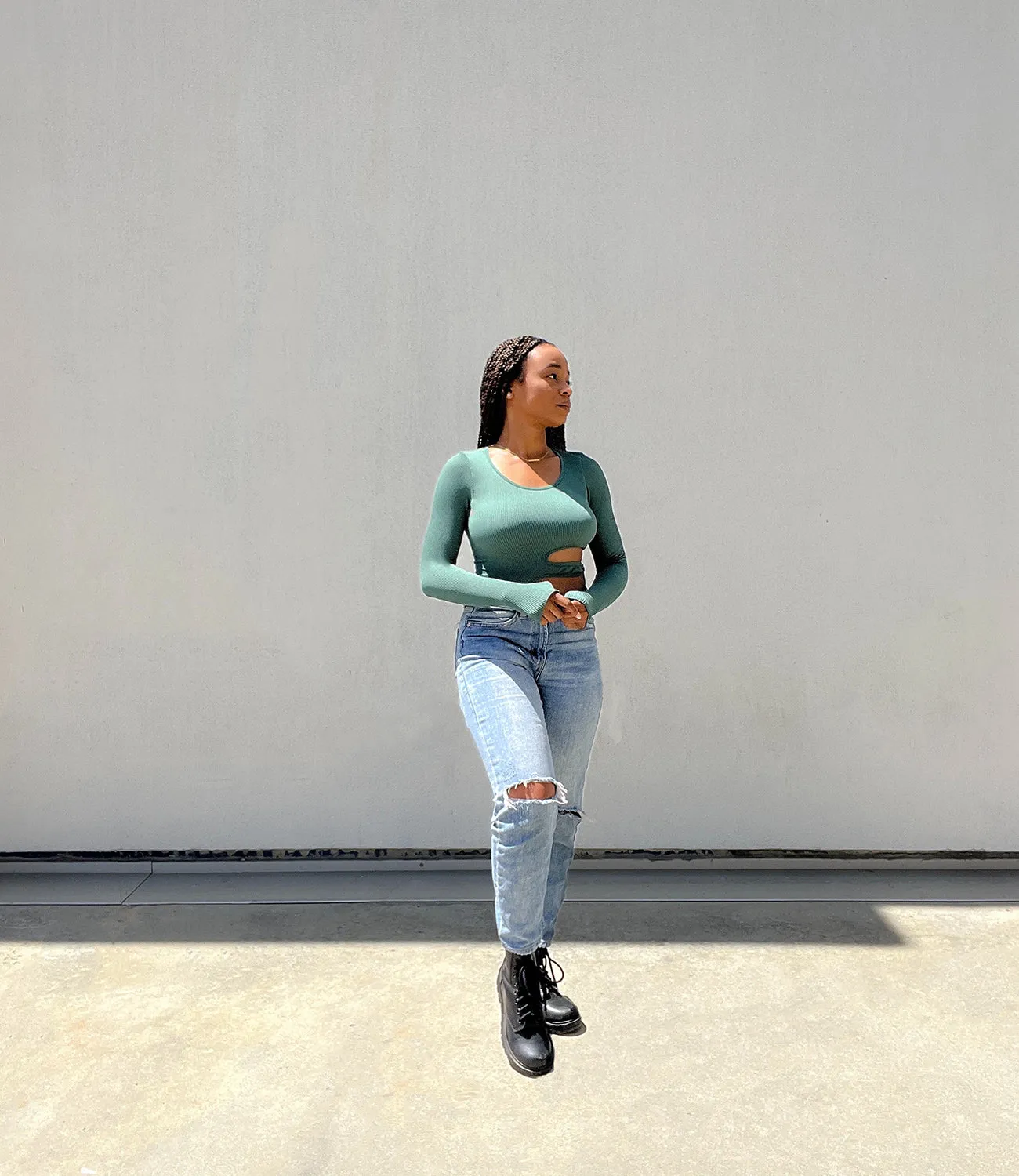 Eliza Cutout Long Sleeve Bodysuit(Dark Emerald)