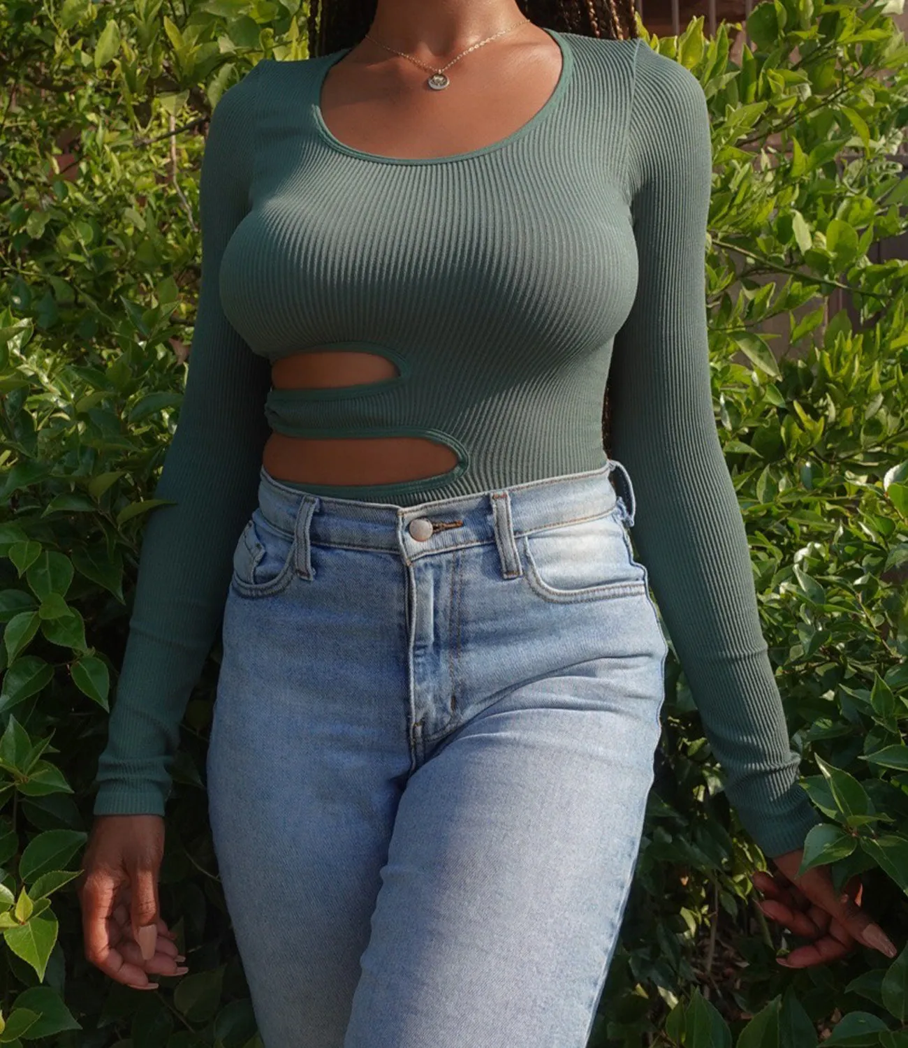 Eliza Cutout Long Sleeve Bodysuit(Dark Emerald)