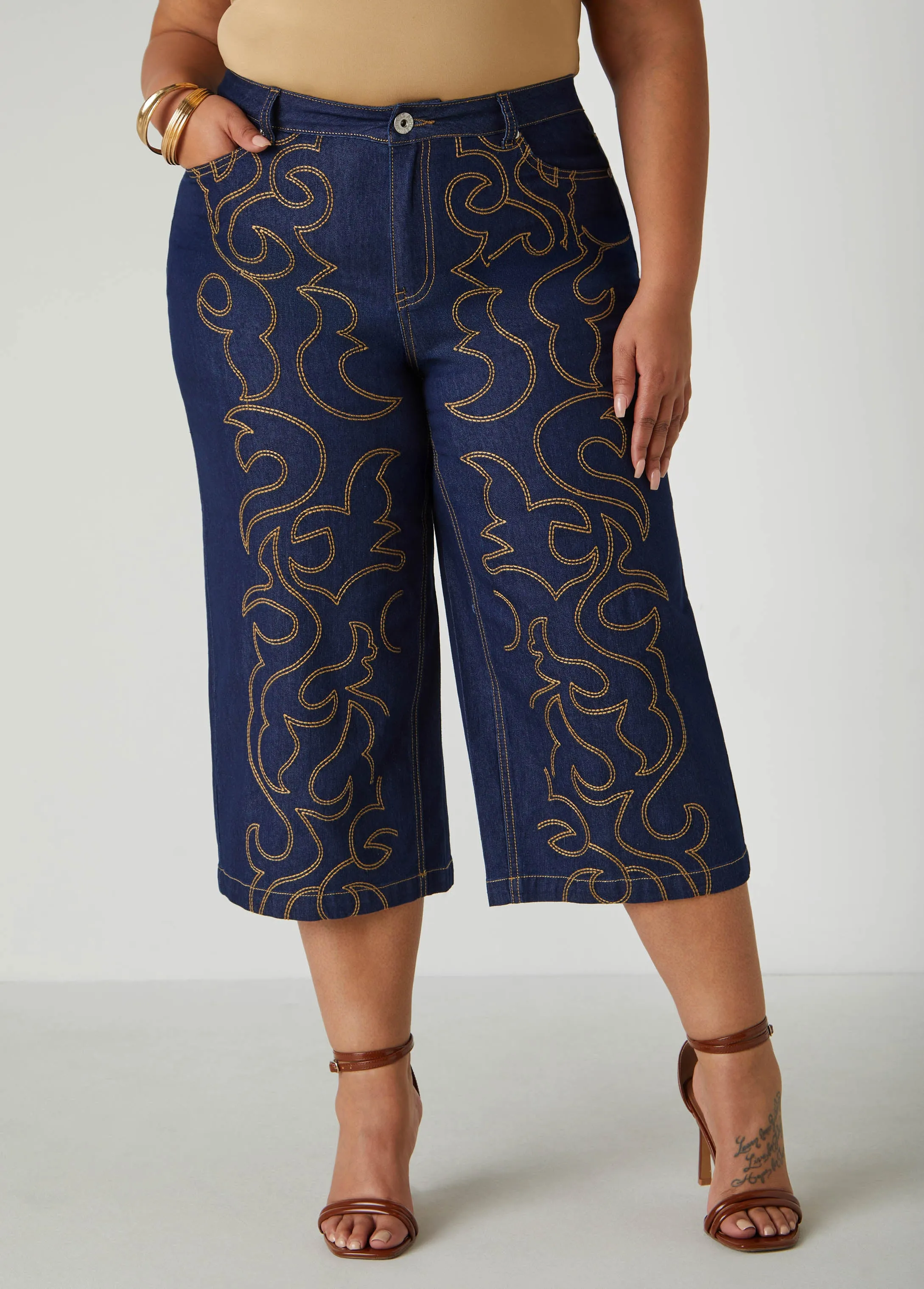 Embroidered Denim Capris