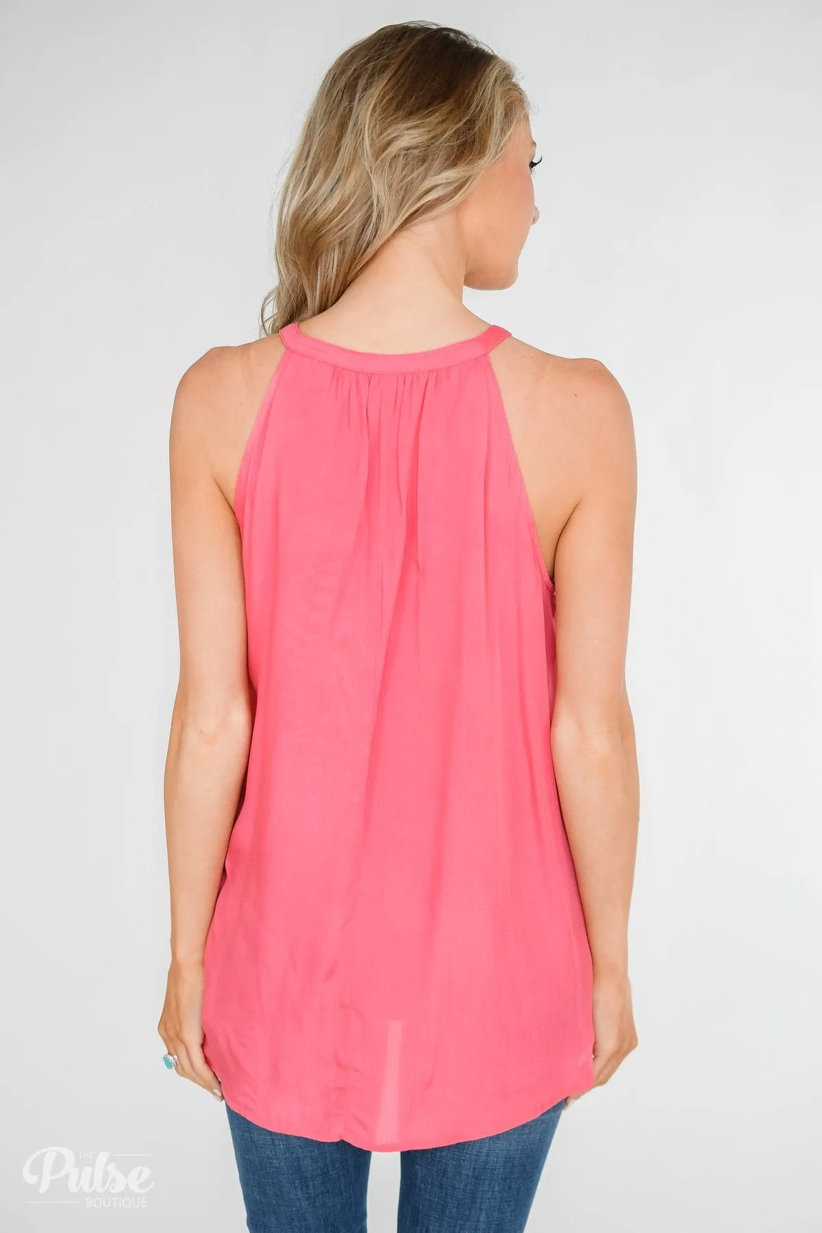 Embroidered Floral Halter Tank Top- Pink
