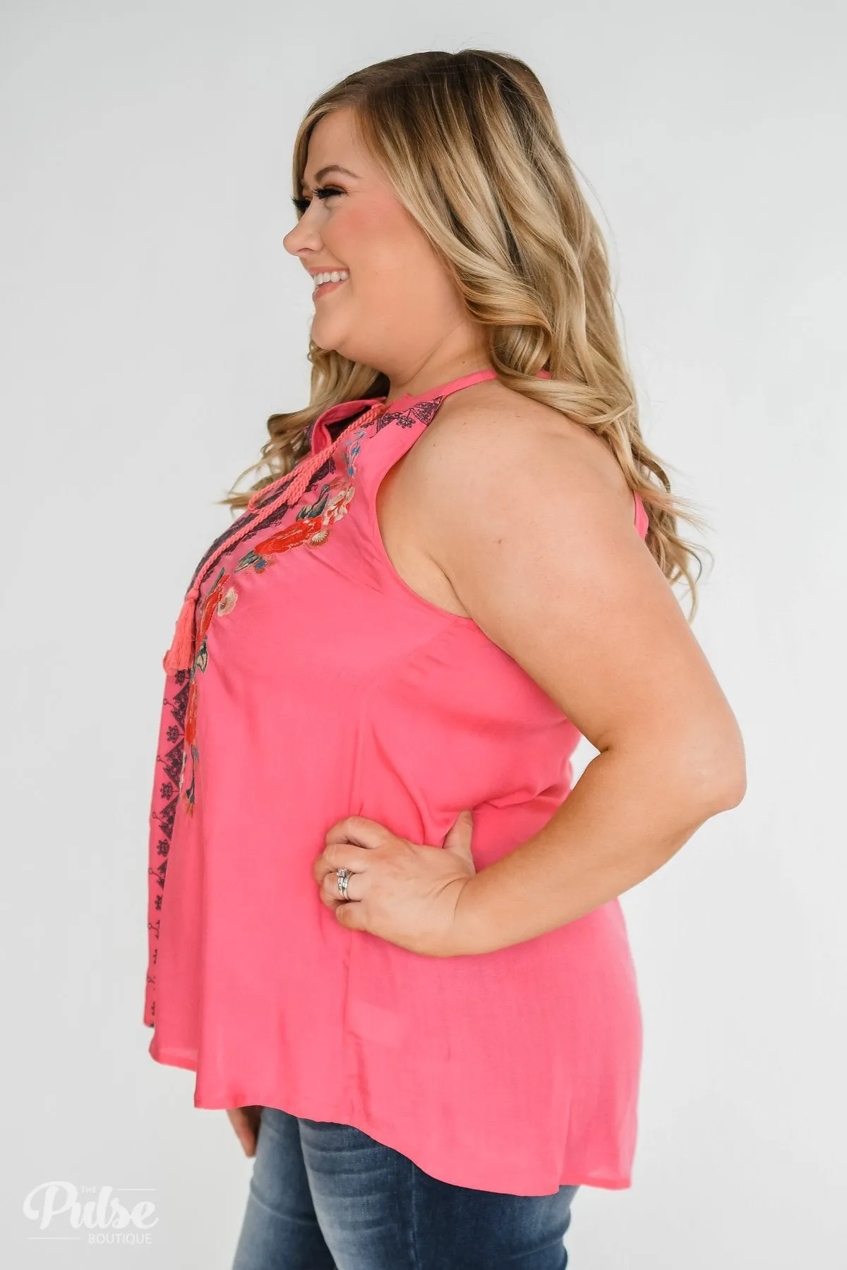Embroidered Floral Halter Tank Top- Pink