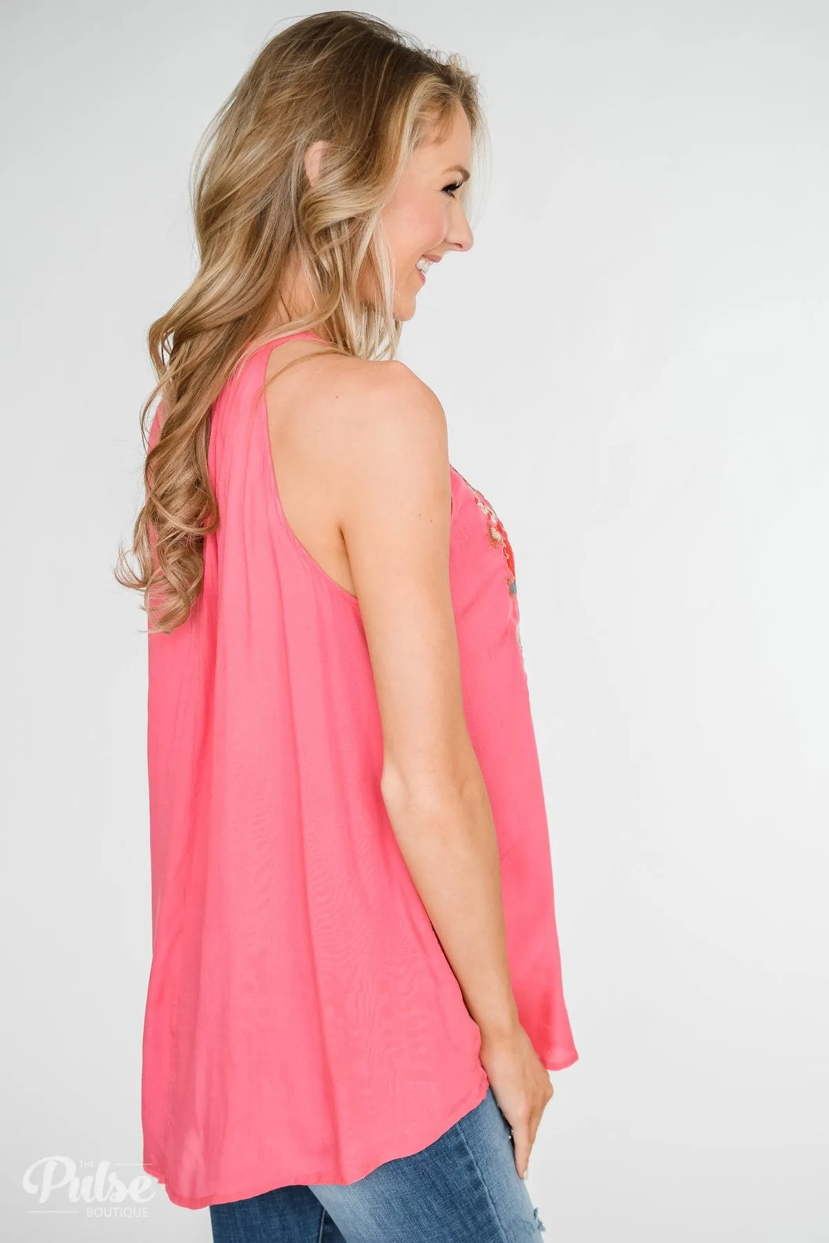Embroidered Floral Halter Tank Top- Pink