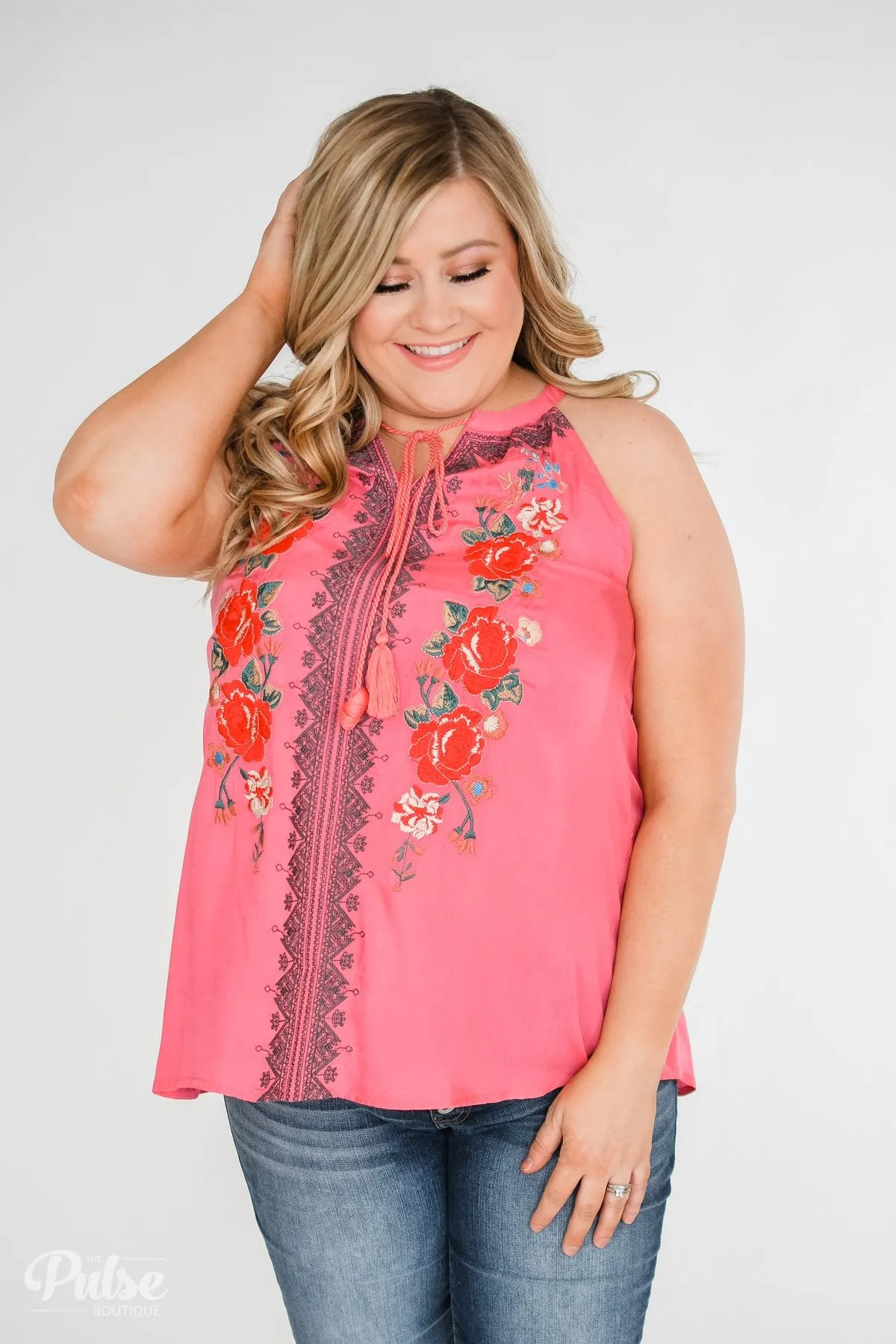 Embroidered Floral Halter Tank Top- Pink