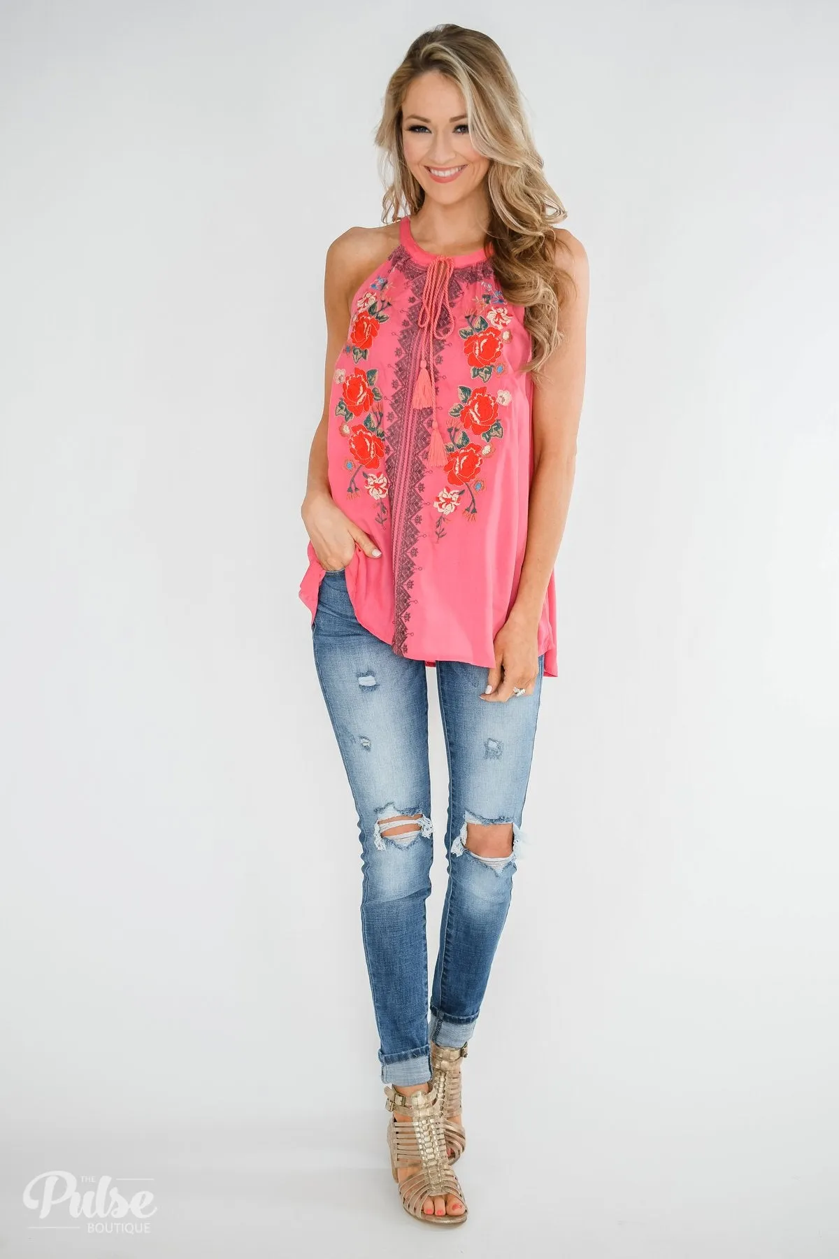 Embroidered Floral Halter Tank Top- Pink