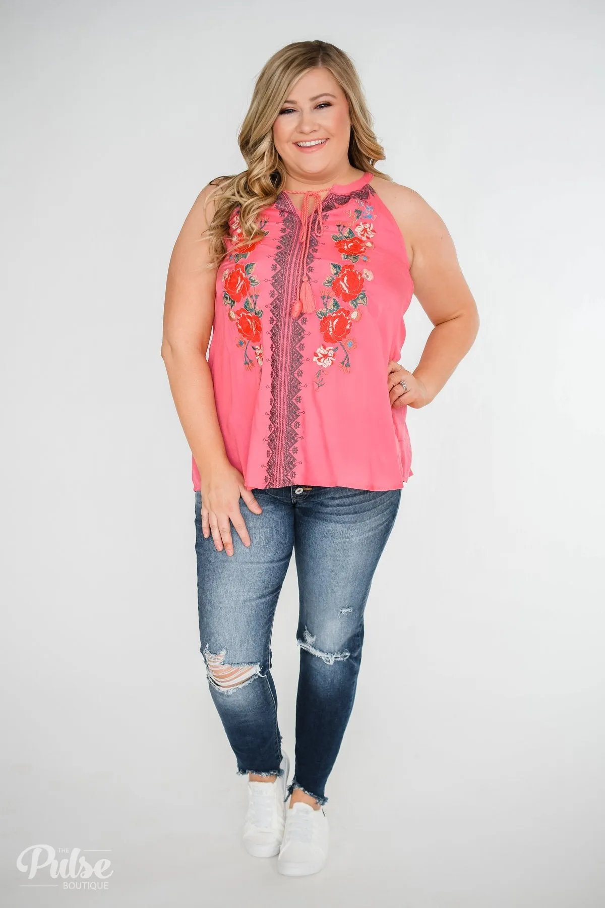 Embroidered Floral Halter Tank Top- Pink