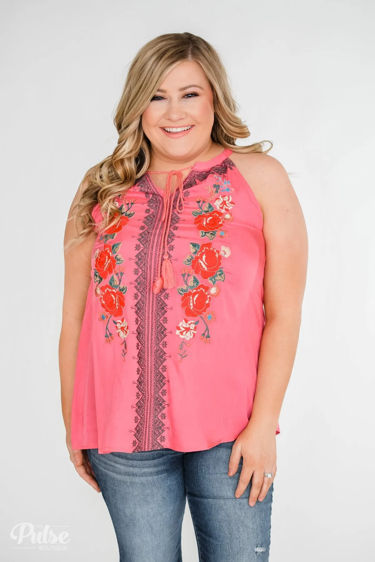 Embroidered Floral Halter Tank Top- Pink