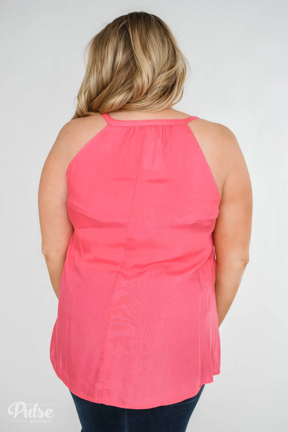 Embroidered Floral Halter Tank Top- Pink