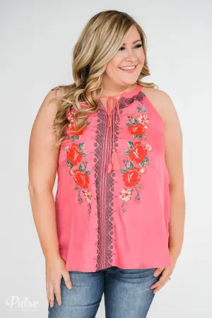 Embroidered Floral Halter Tank Top- Pink