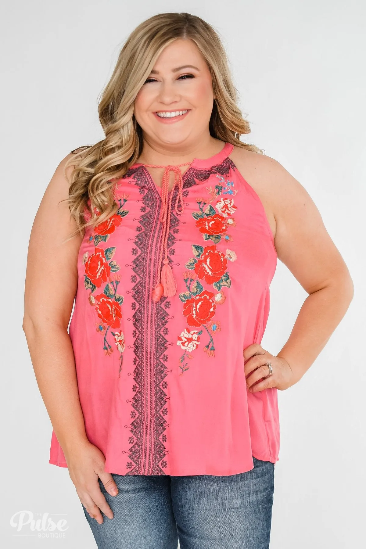 Embroidered Floral Halter Tank Top- Pink