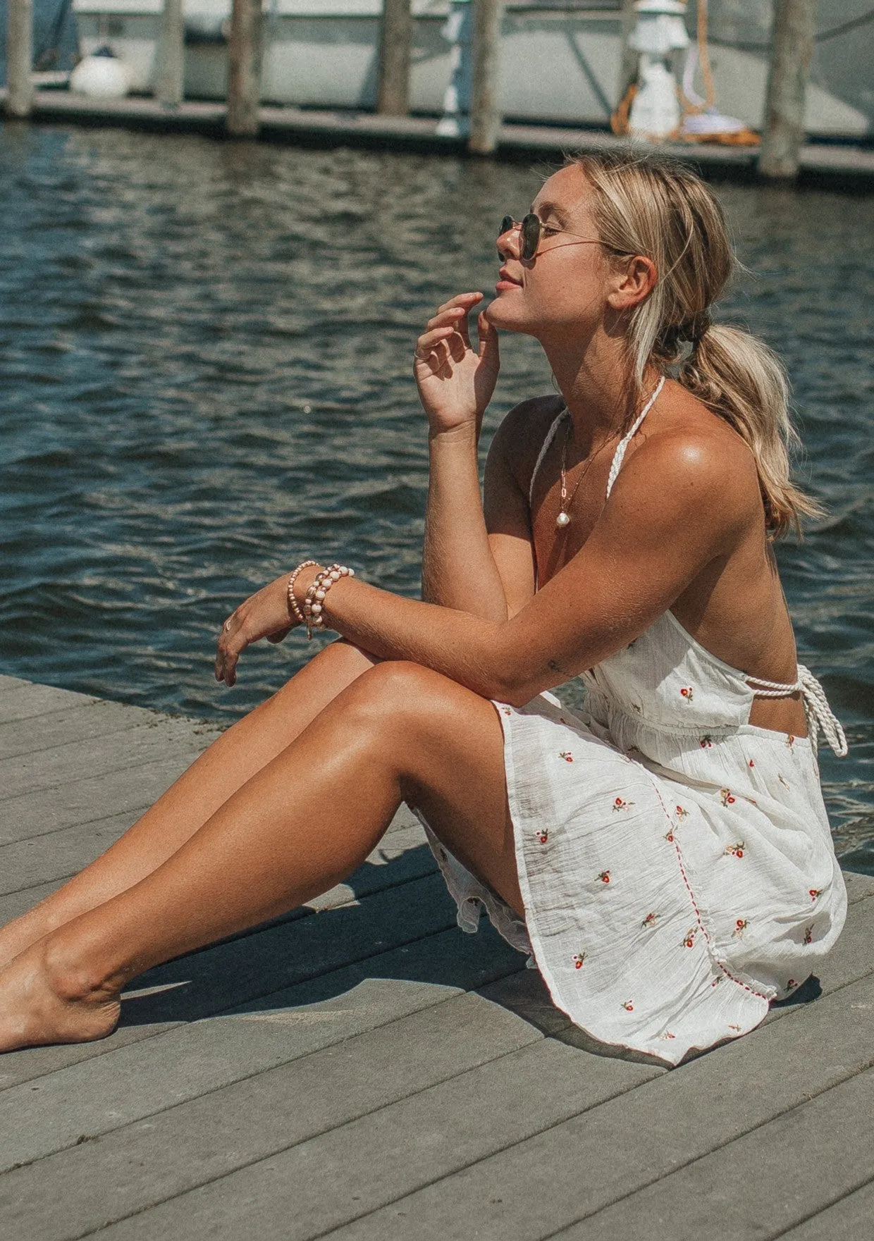 Embroidered Floral Open Back Halter Mini Dress