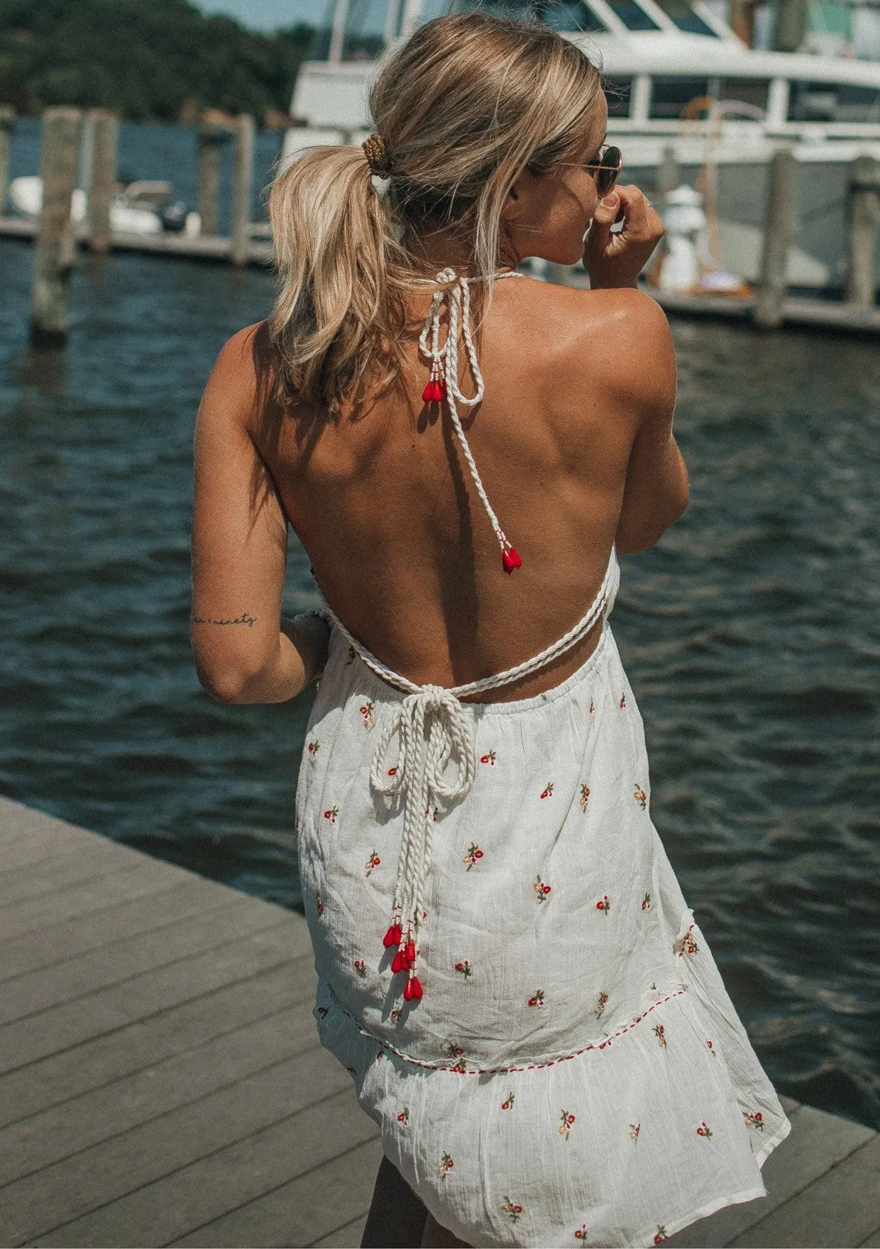 Embroidered Floral Open Back Halter Mini Dress