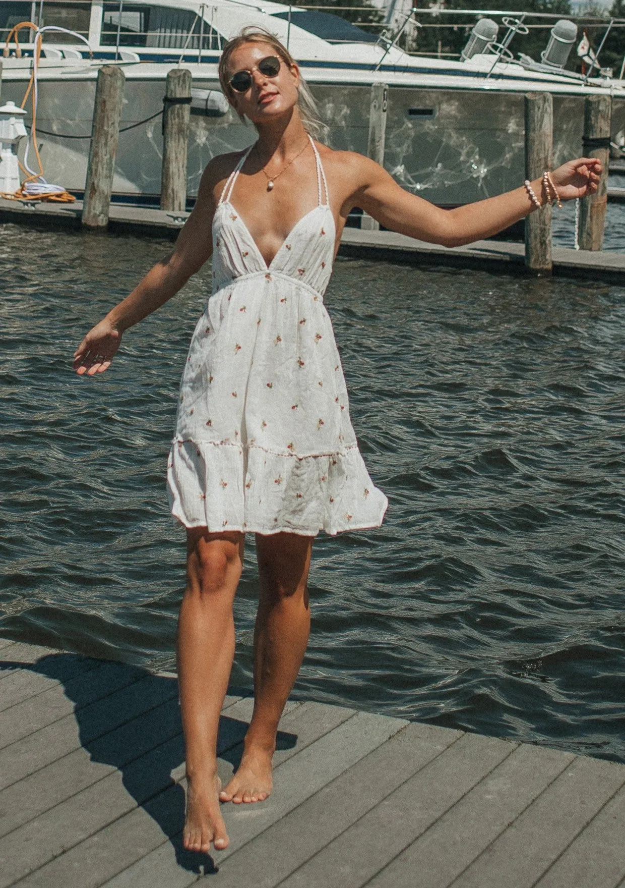 Embroidered Floral Open Back Halter Mini Dress