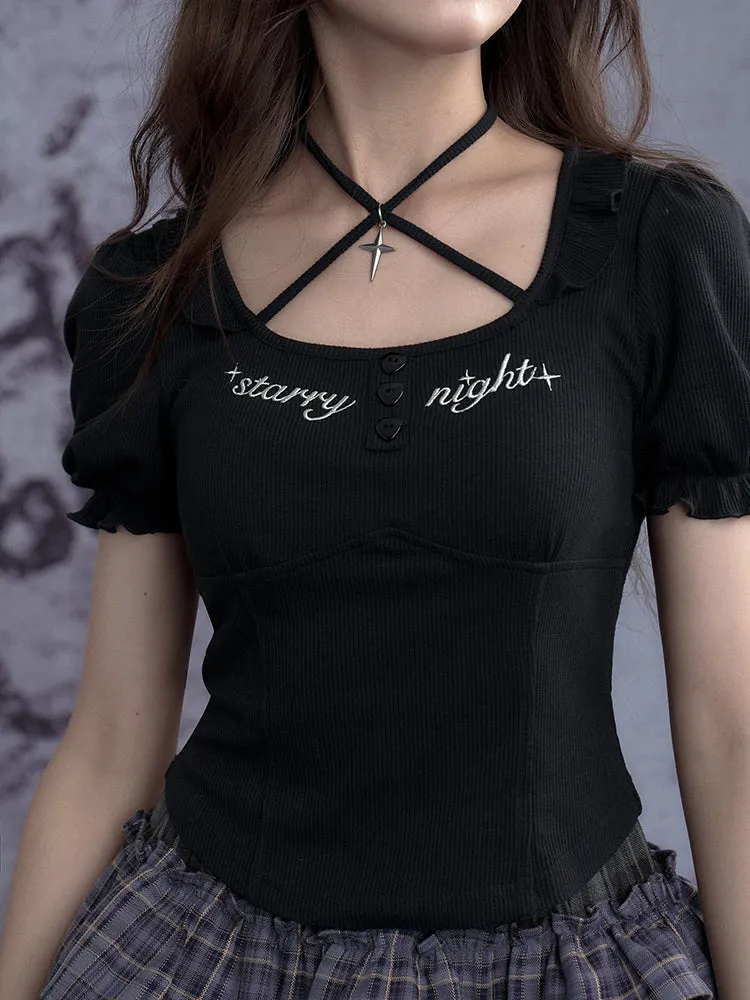 Embroidered Halter Neck Puff Sleeve Tops【s0000011933】