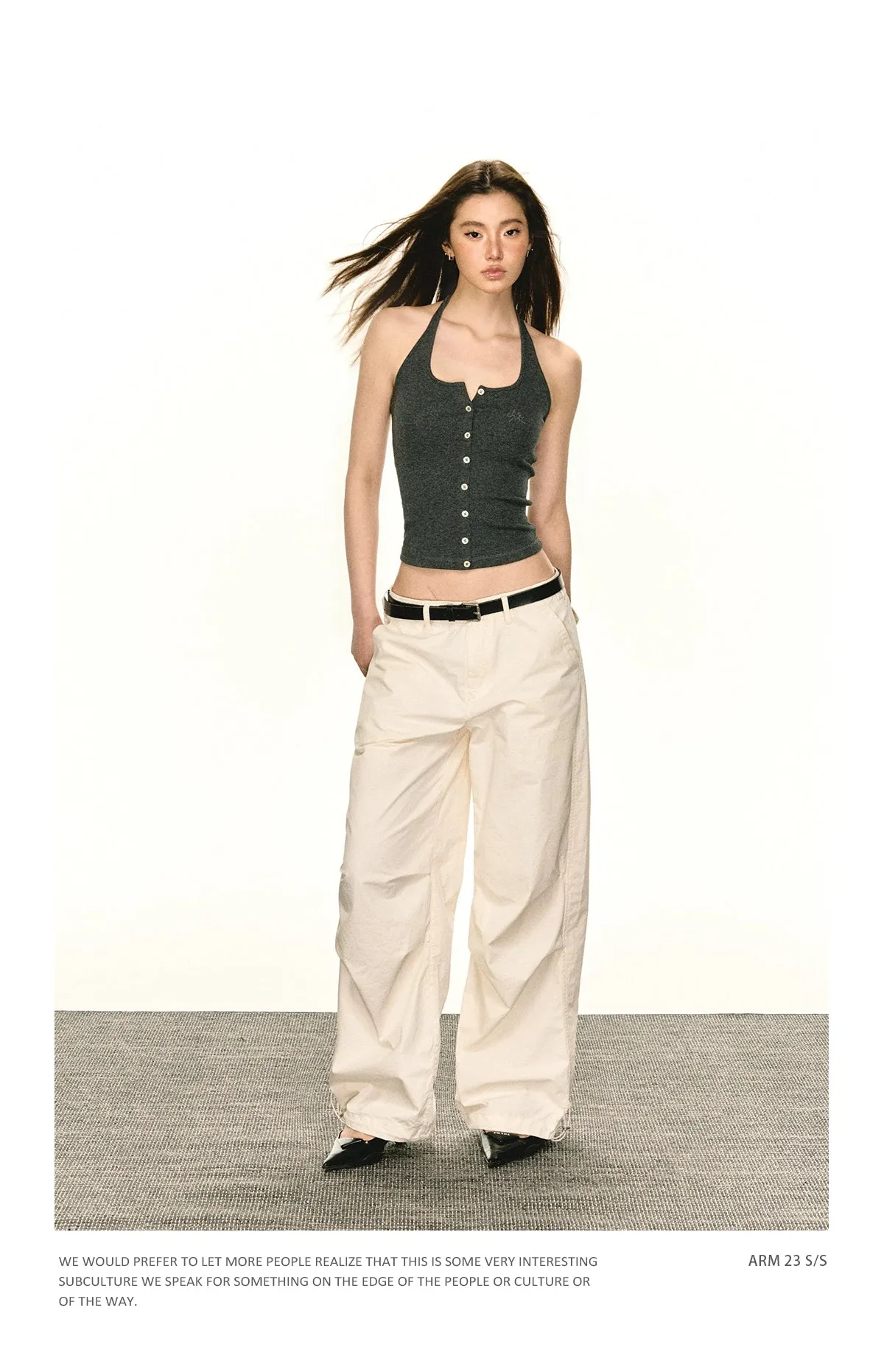 Embroidered Logo Ribbed Button Halter Tank Top
