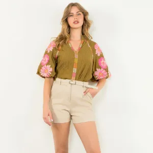 Embroidered Puff Sleeve Top