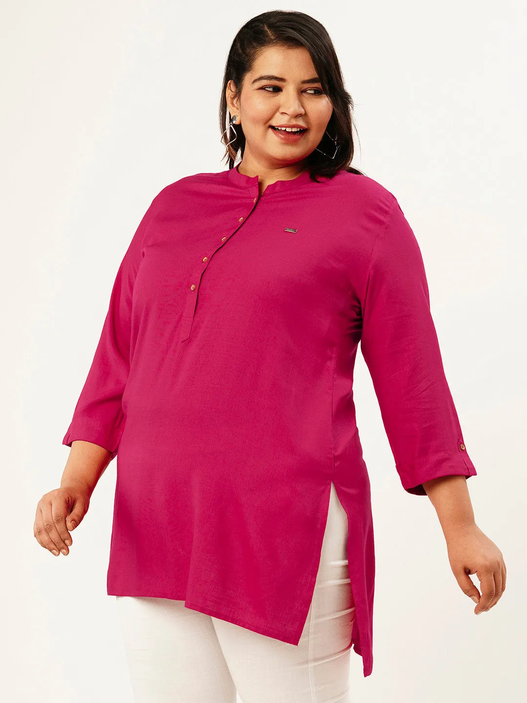 Exclusive Mandarin Collar Rayon Solid Magenta Straight Tunic For Women ZOLA