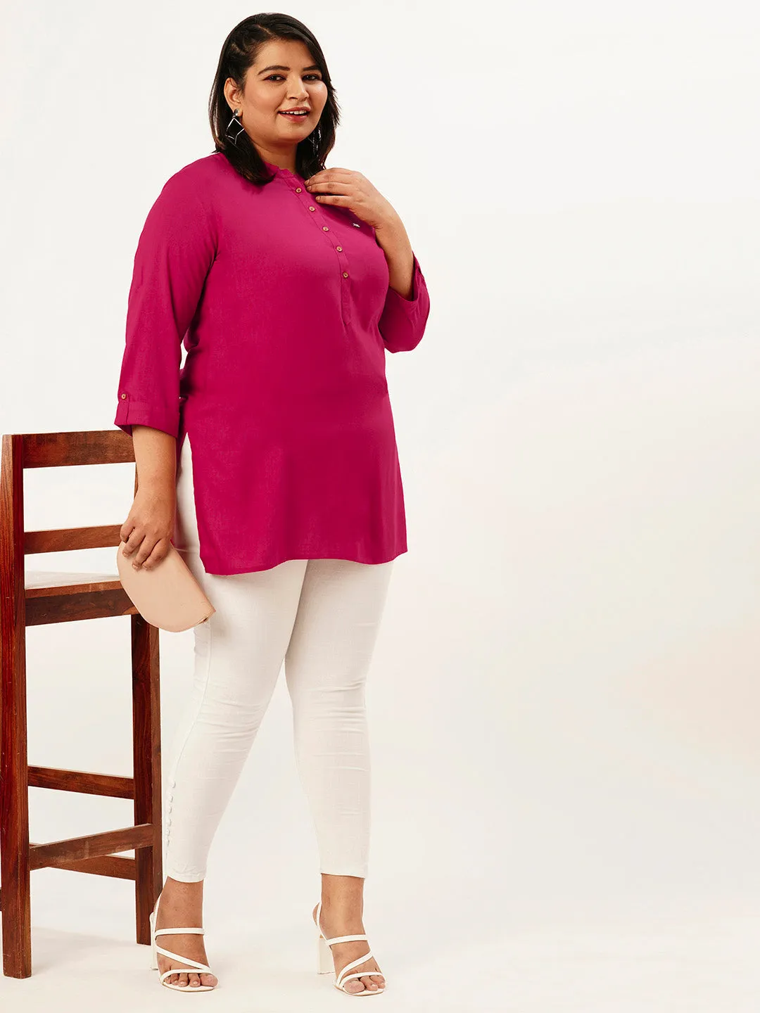 Exclusive Mandarin Collar Rayon Solid Magenta Straight Tunic For Women ZOLA