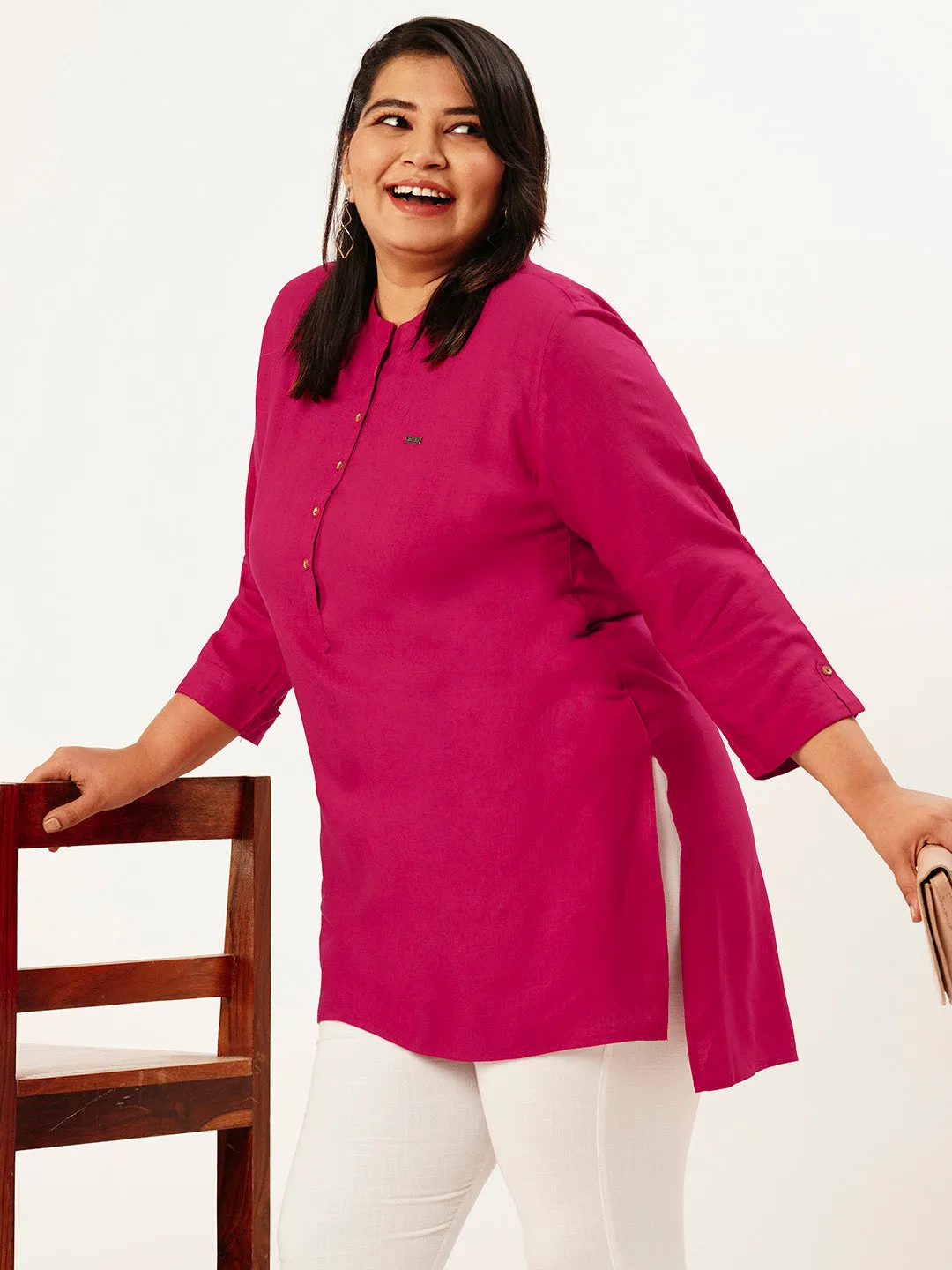 Exclusive Mandarin Collar Rayon Solid Magenta Straight Tunic For Women ZOLA