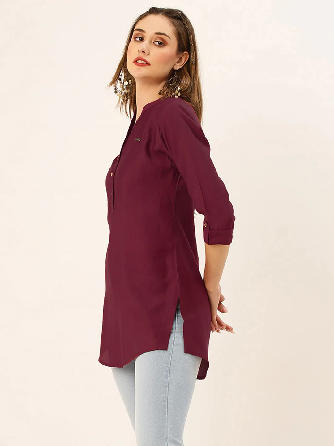 Exclusive Mandarin Collar Rayon Solid Maroon Straight Tunic For Women ZOLA