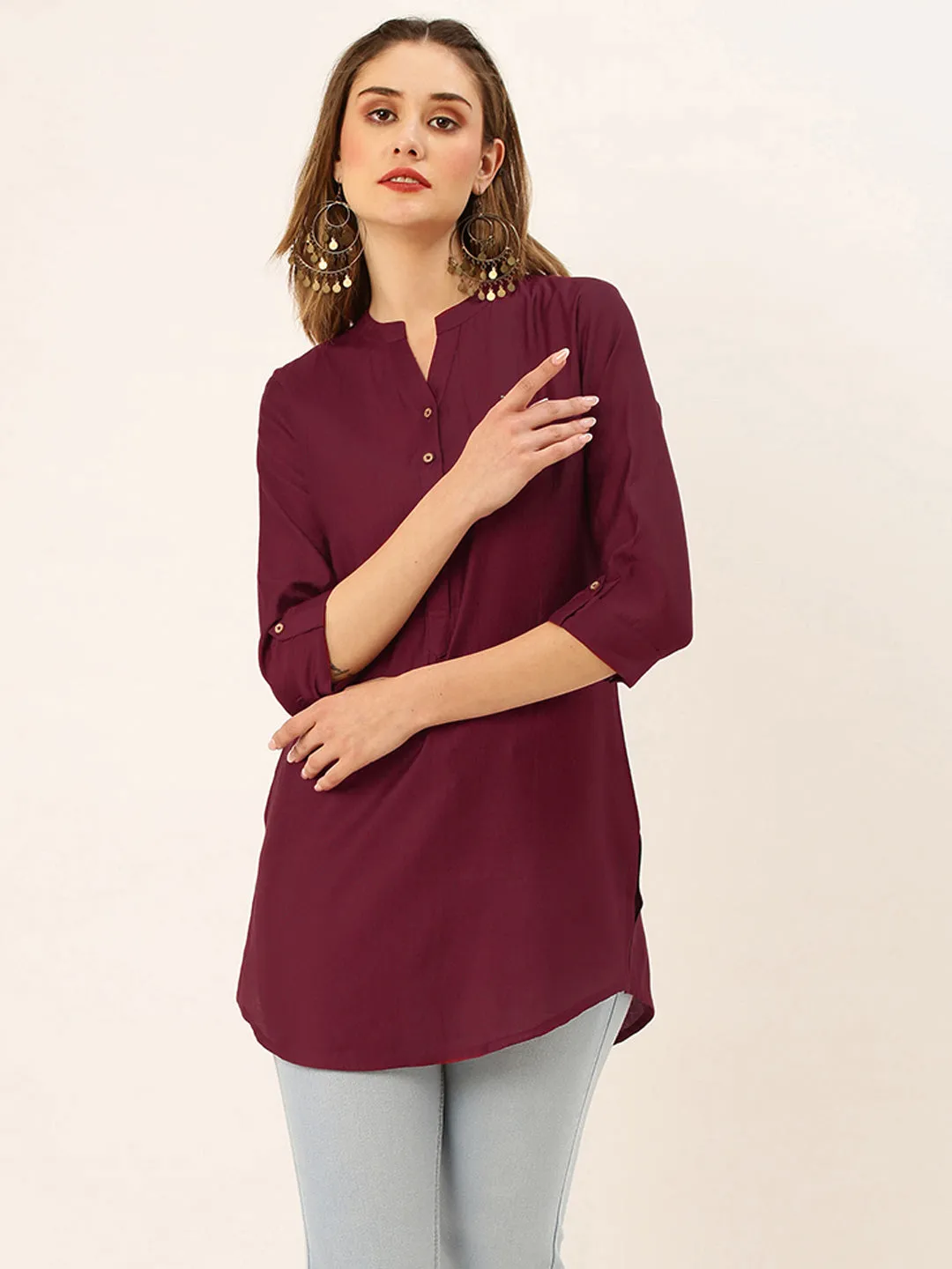 Exclusive Mandarin Collar Rayon Solid Maroon Straight Tunic For Women ZOLA