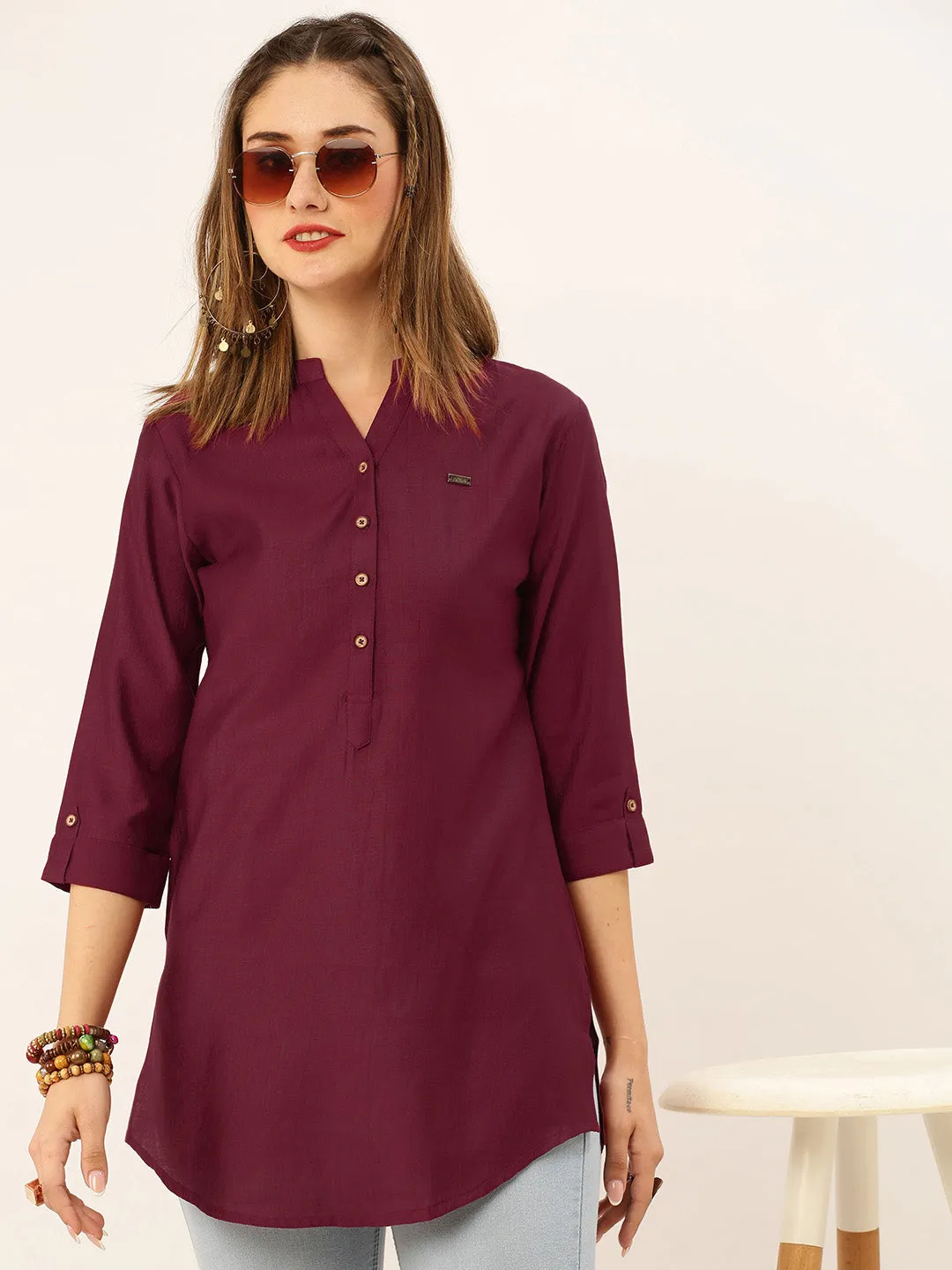 Exclusive Mandarin Collar Rayon Solid Maroon Straight Tunic For Women ZOLA