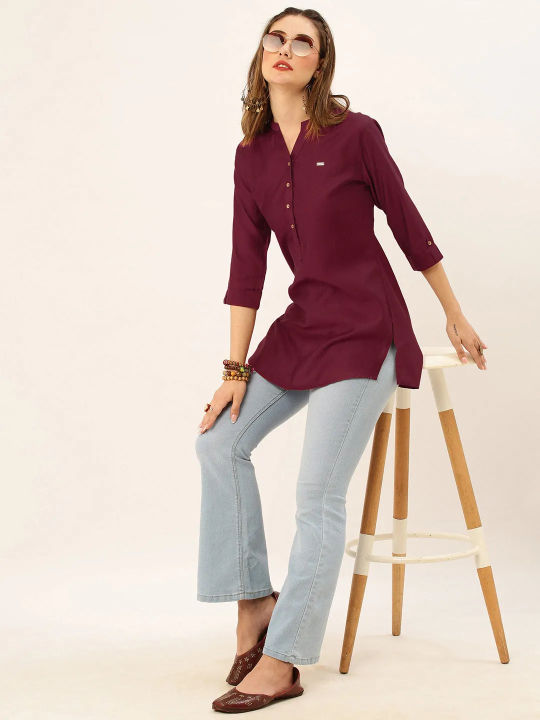 Exclusive Mandarin Collar Rayon Solid Maroon Straight Tunic For Women ZOLA