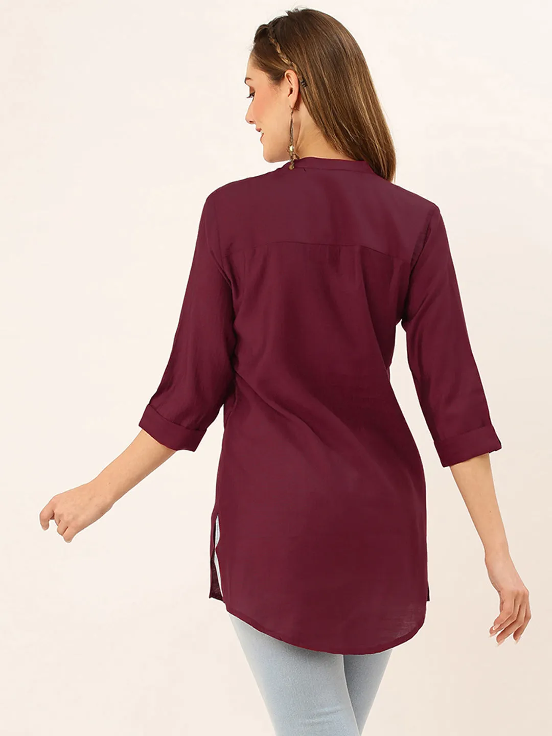 Exclusive Mandarin Collar Rayon Solid Maroon Straight Tunic For Women ZOLA