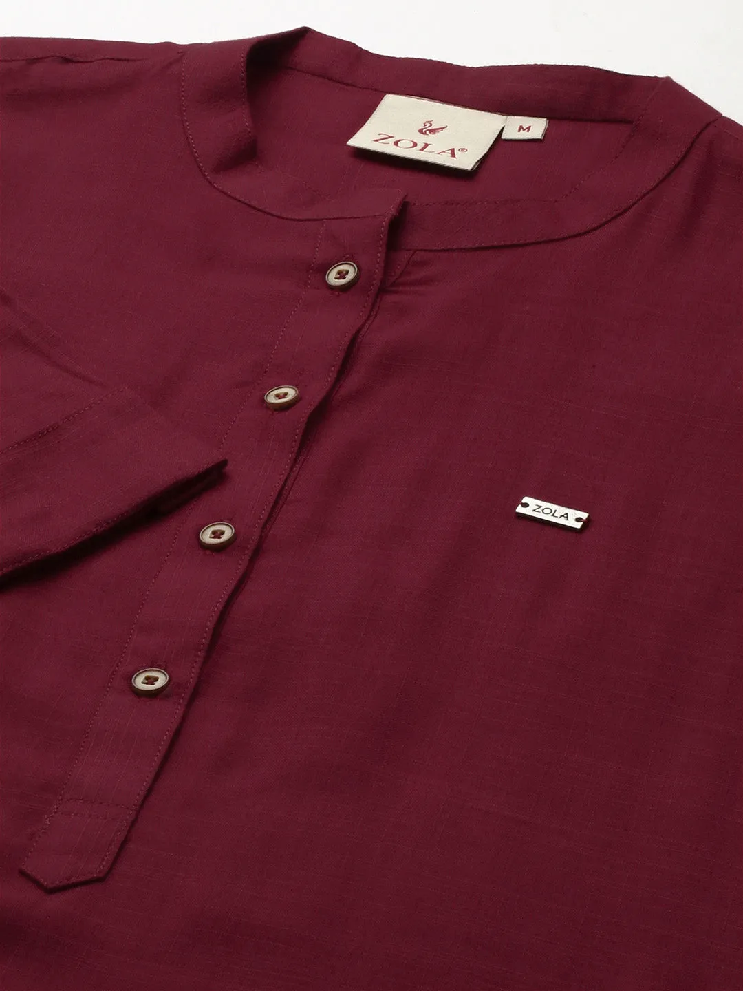 Exclusive Mandarin Collar Rayon Solid Maroon Straight Tunic For Women ZOLA